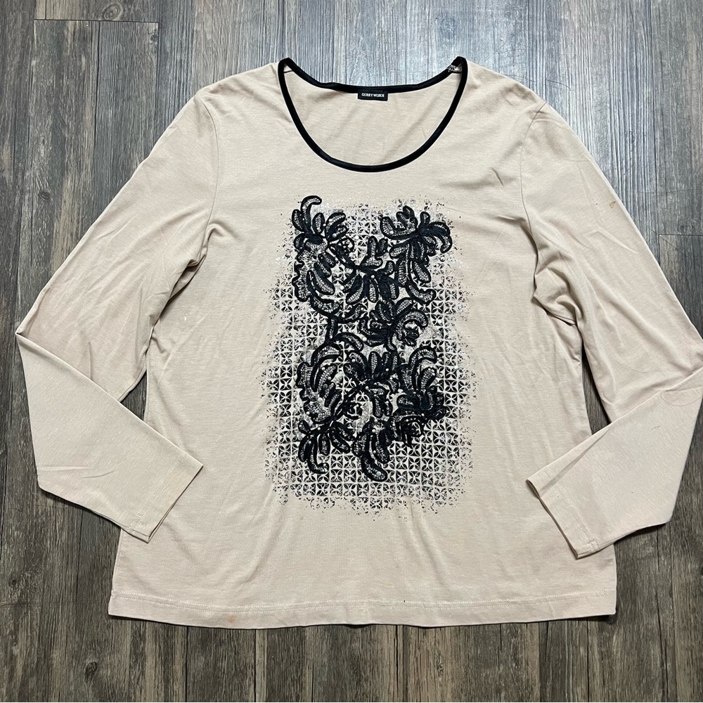 Gerry Weber Vintage Long Sleeves Round Neck Embroidered Front Top Shirt Tan L - Picture 3 of 12